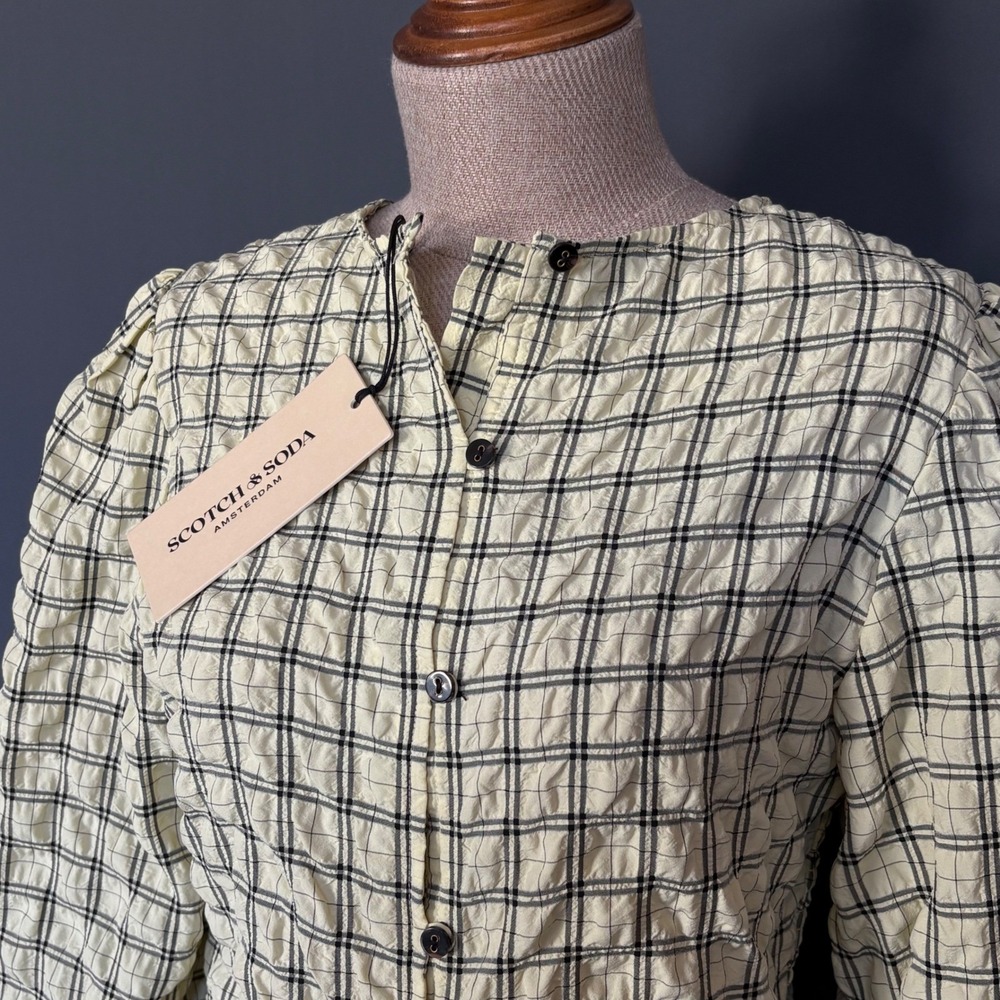 New Women's Scotch & Soda Seerscucker Ruched Blouse | Size L | Yellow Plaid Boho
